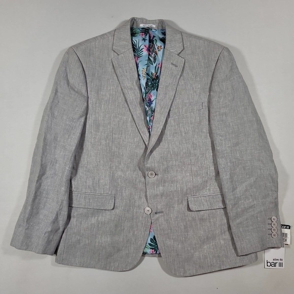 Bar III Slim-Fit Textured Linen Suit Jacket‎ Mens 46L 46 Grey Sport Coat Blazer - Picture 2 of 4